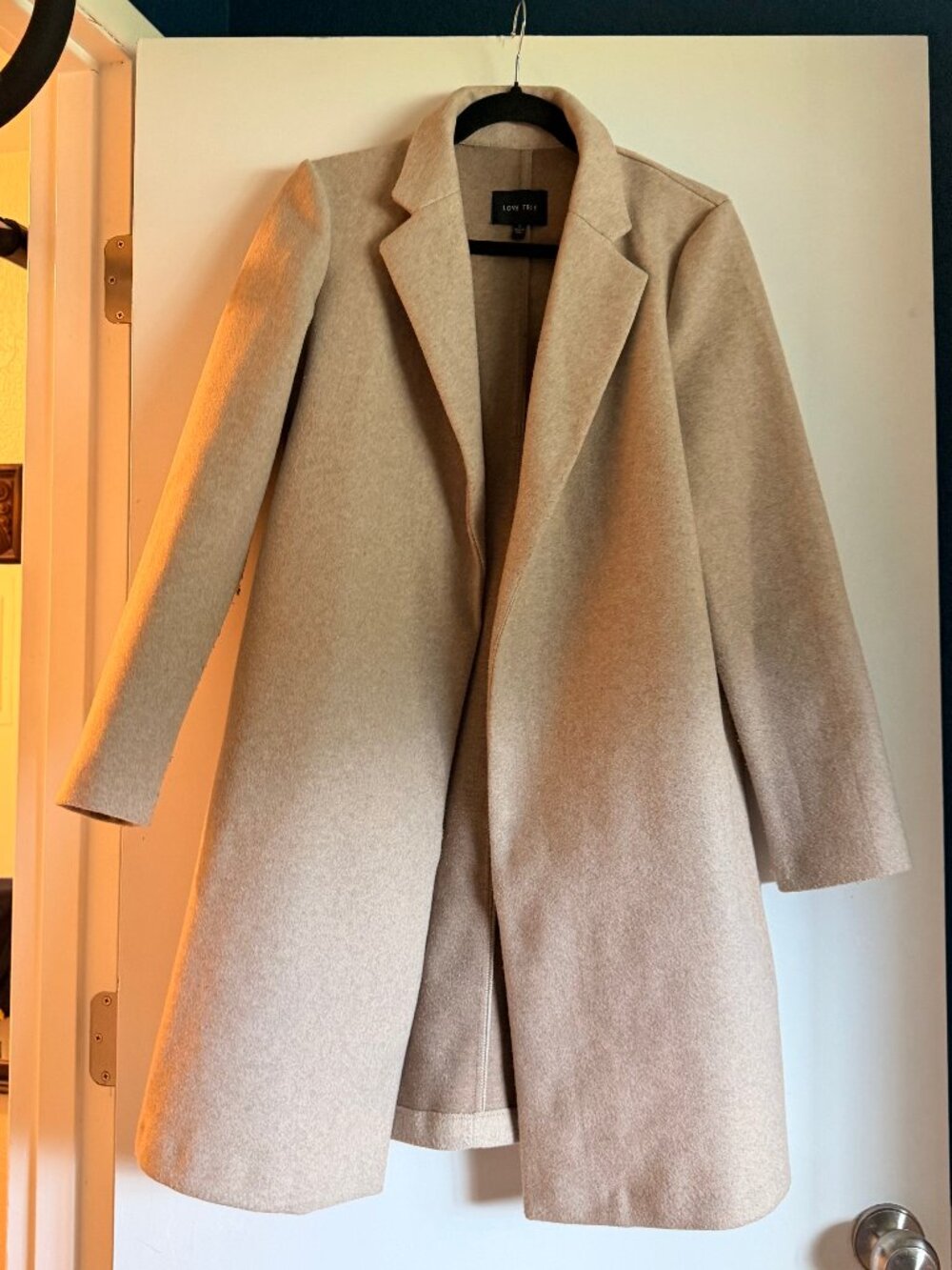 Love Tree Wool Blend Longline Coat - Oatmeal/Camel, Size S